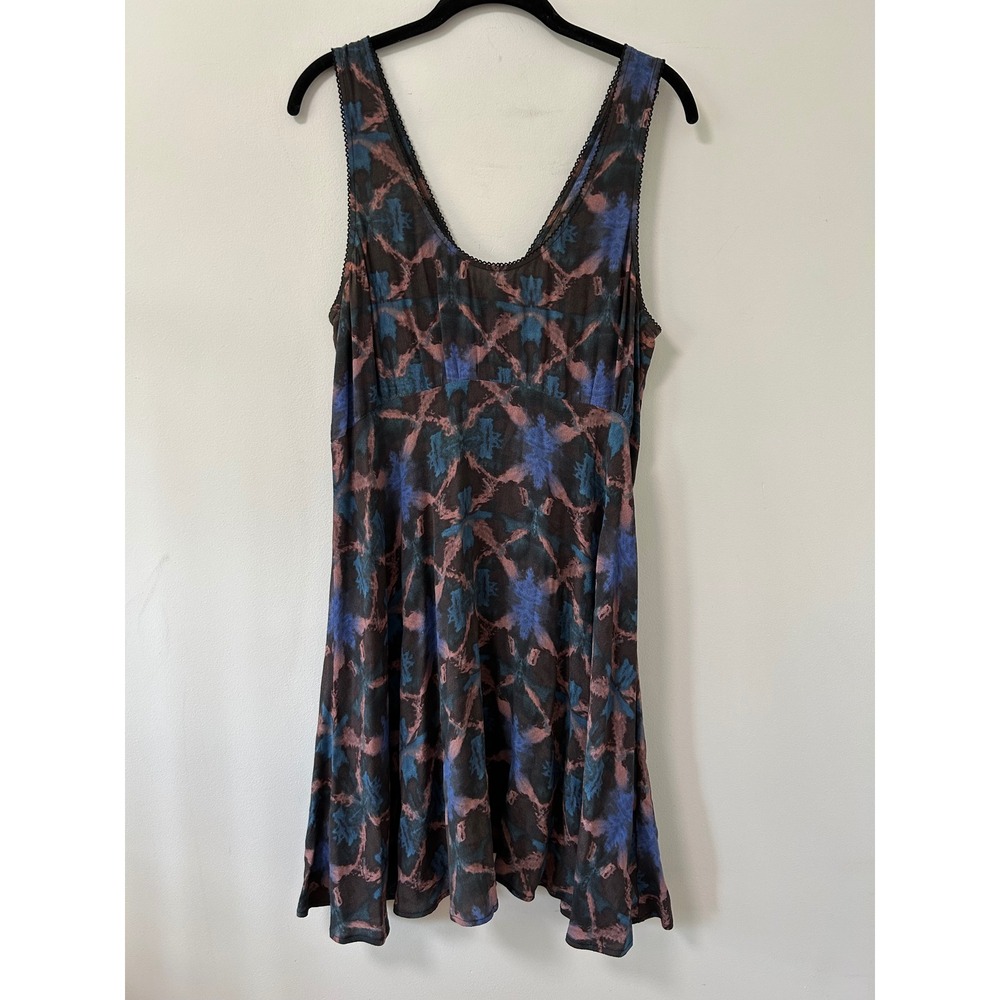 Free People Abstract Print V-Neck Mini Dress Blue Purple Black Size 8 Lace Trim